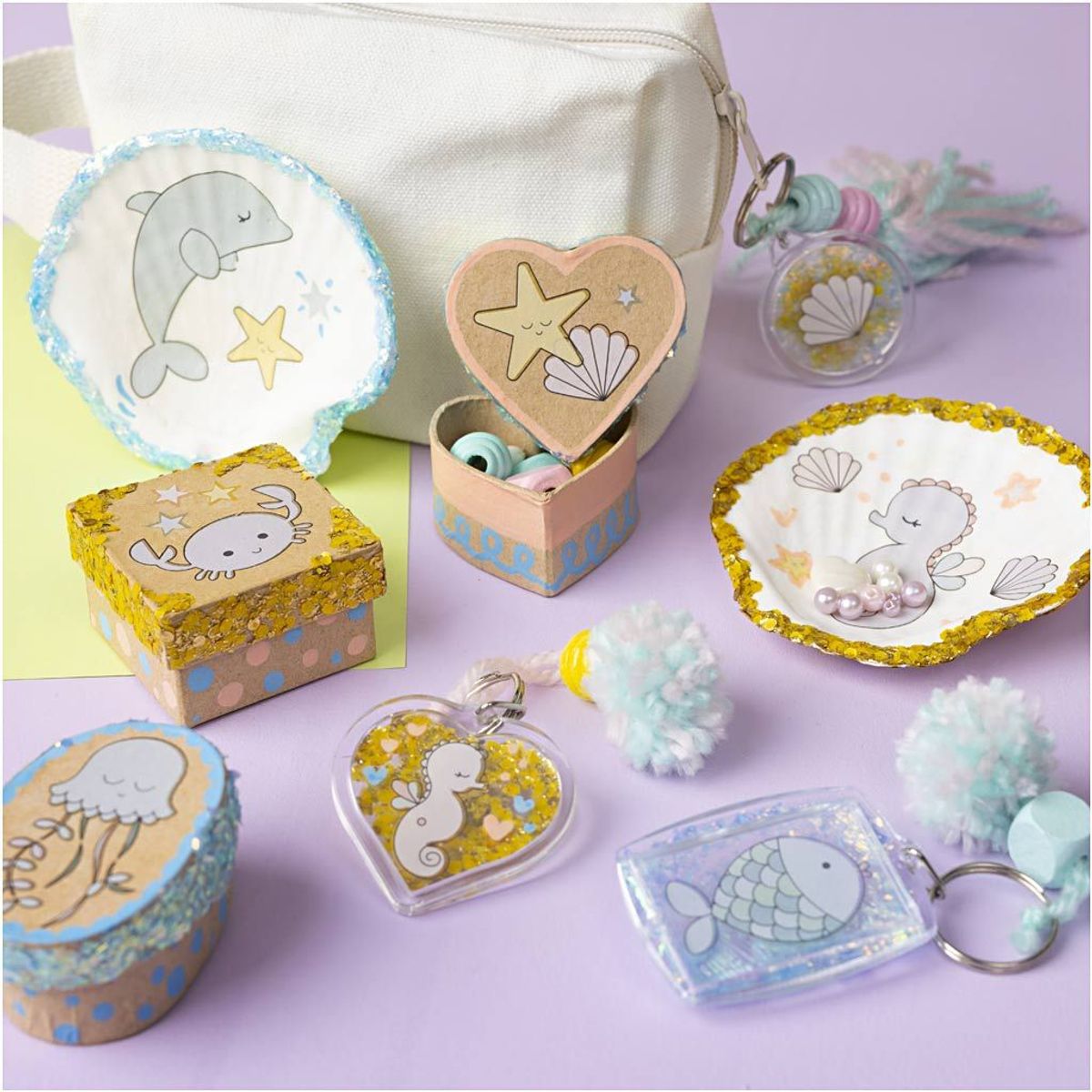 DIY Kit Dekorasjon, Esker, skjell, nøkkelanheng, pastellfarg