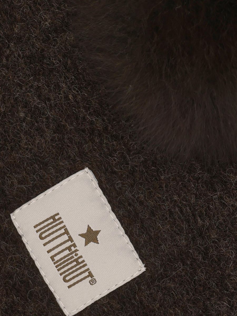 HUTTEliHUT Balaklava i Ull og Alpakka med Pomponger Dark Brown Melange